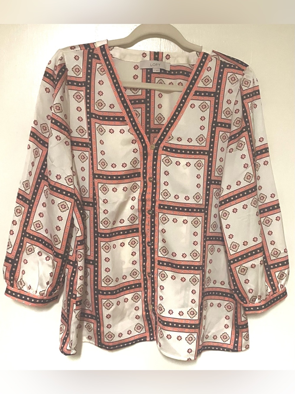 LOFT White and Coral Geometric V-Neck Blouse: Size Large